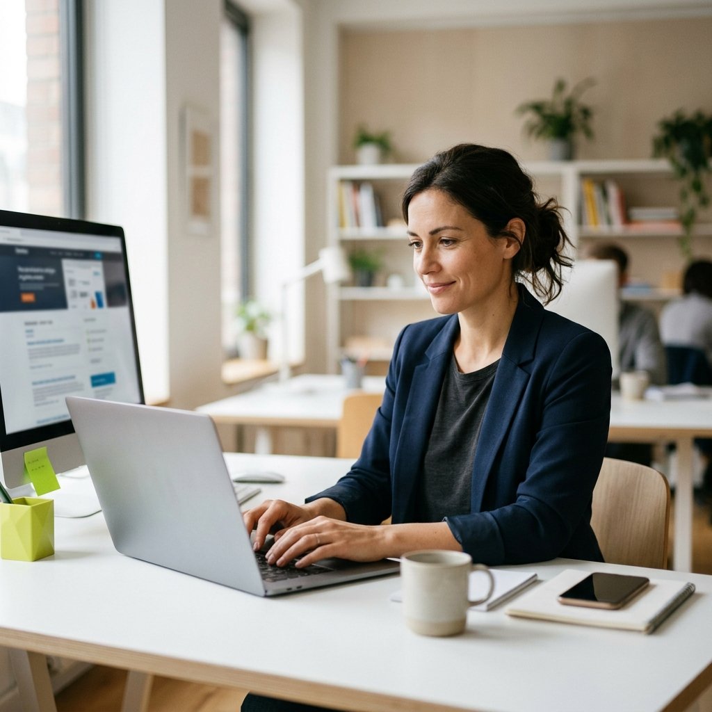 Tech professional working naturally at laptop in modern office